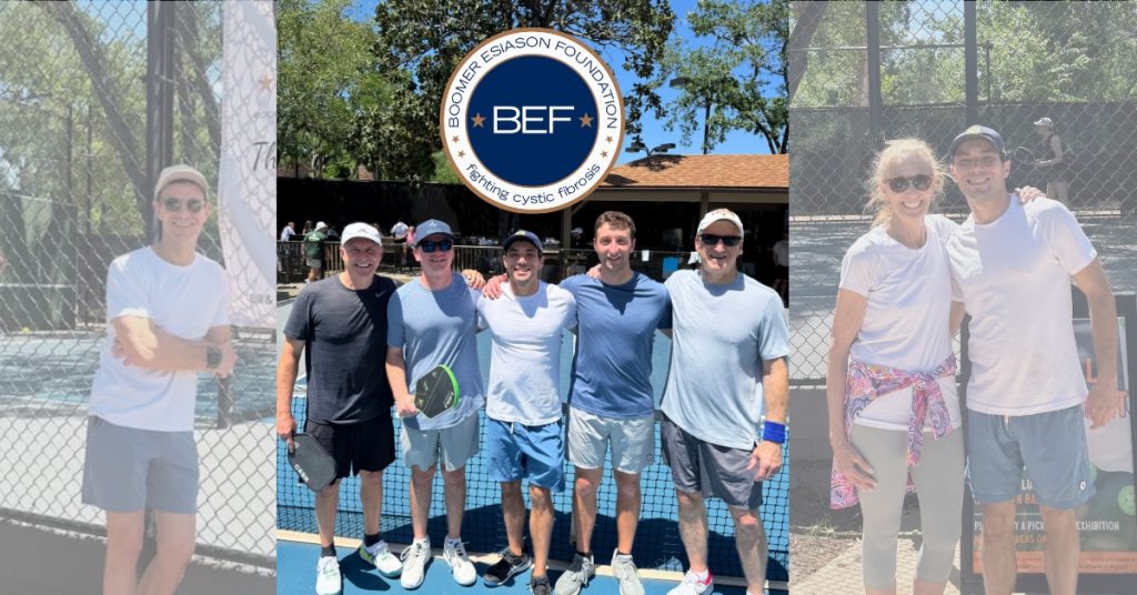 Collage of Dr. Patt with family and friends at Boomer Esiason Foundation's pickleball tournament.